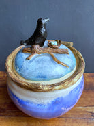 Hand sculpted jar with a raven’s nest