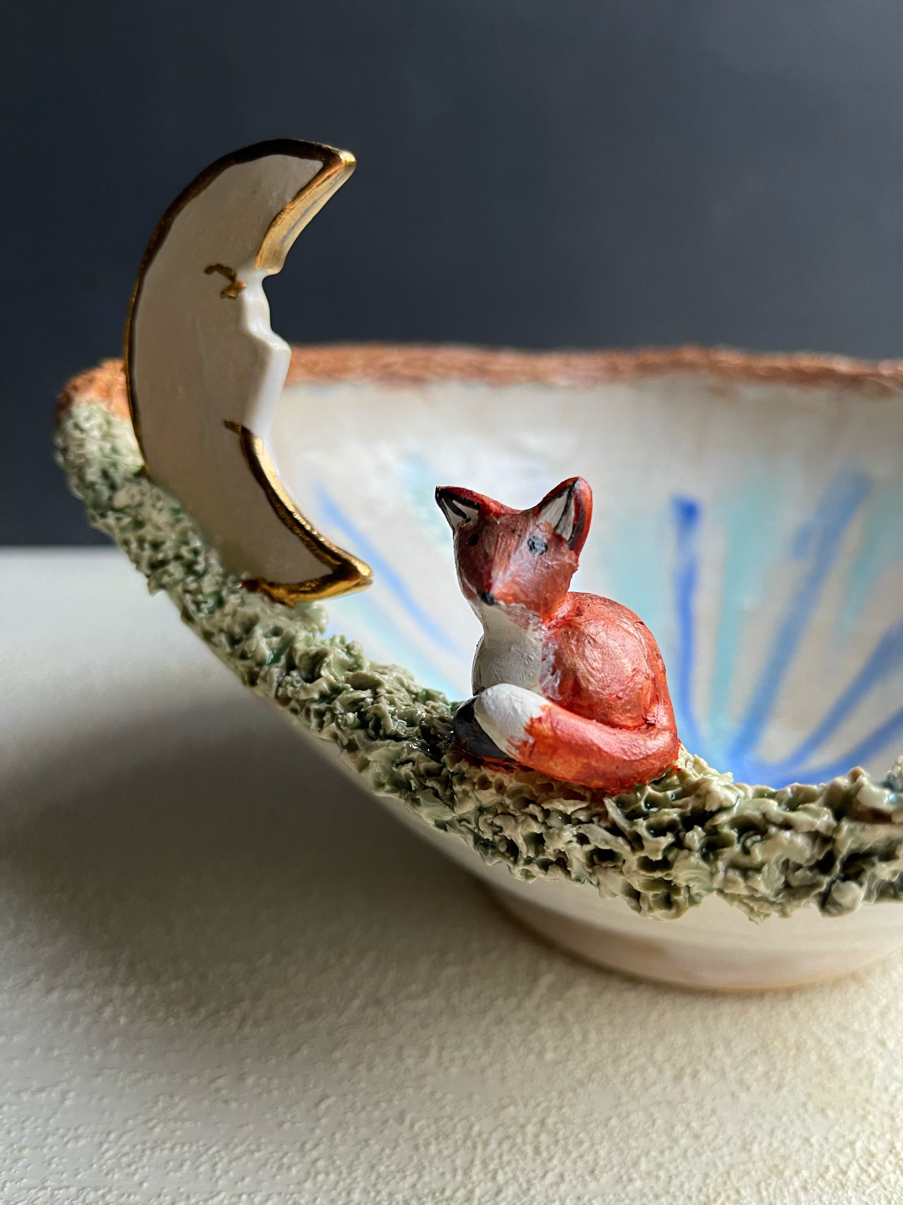 Fox and Moon sculpted ceramic bowl