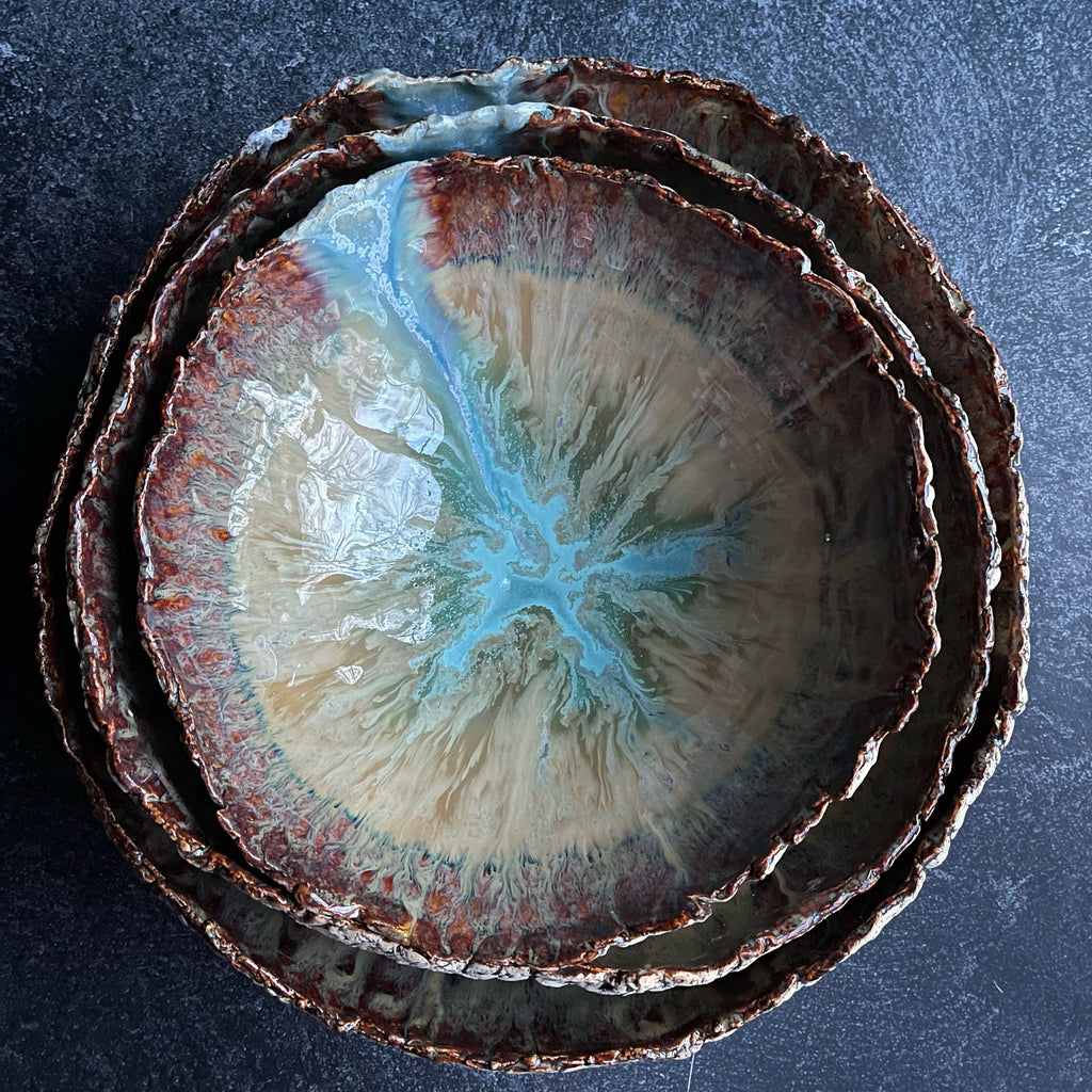 Preorder 12 week production time Organic Rustic nesting bowl set bowl in Turquoise Waters 3 pieces
