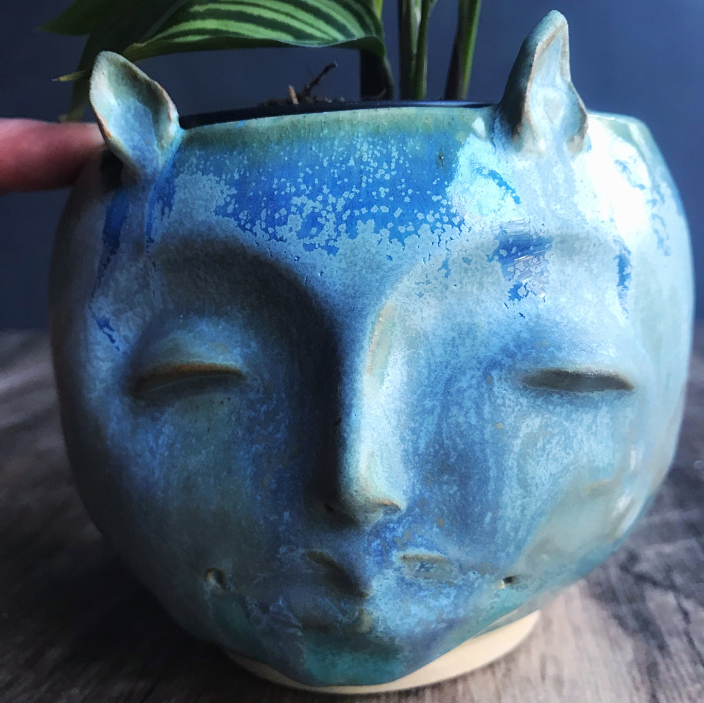 Deer Woman planter with ears in Blue Ice glaze 4 1/2” H